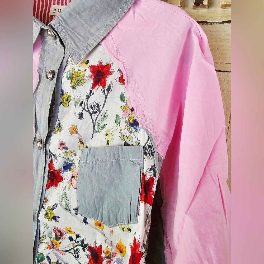 New Pol Patchwork Button Down Shirt Boho Floral S… - image 8